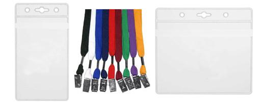 Assortment of custom school badges with lanyards and badge holders