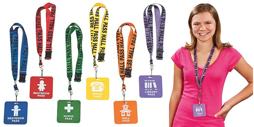 Colorful custom school hall passes on lanyards