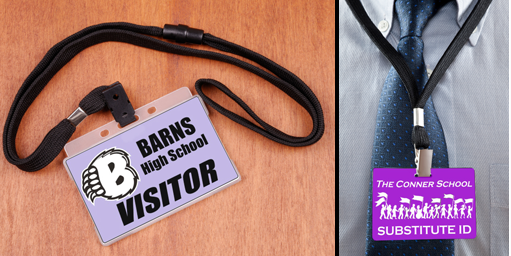 Custom school ID badges on lanyards, including a Barns High School visitor badge